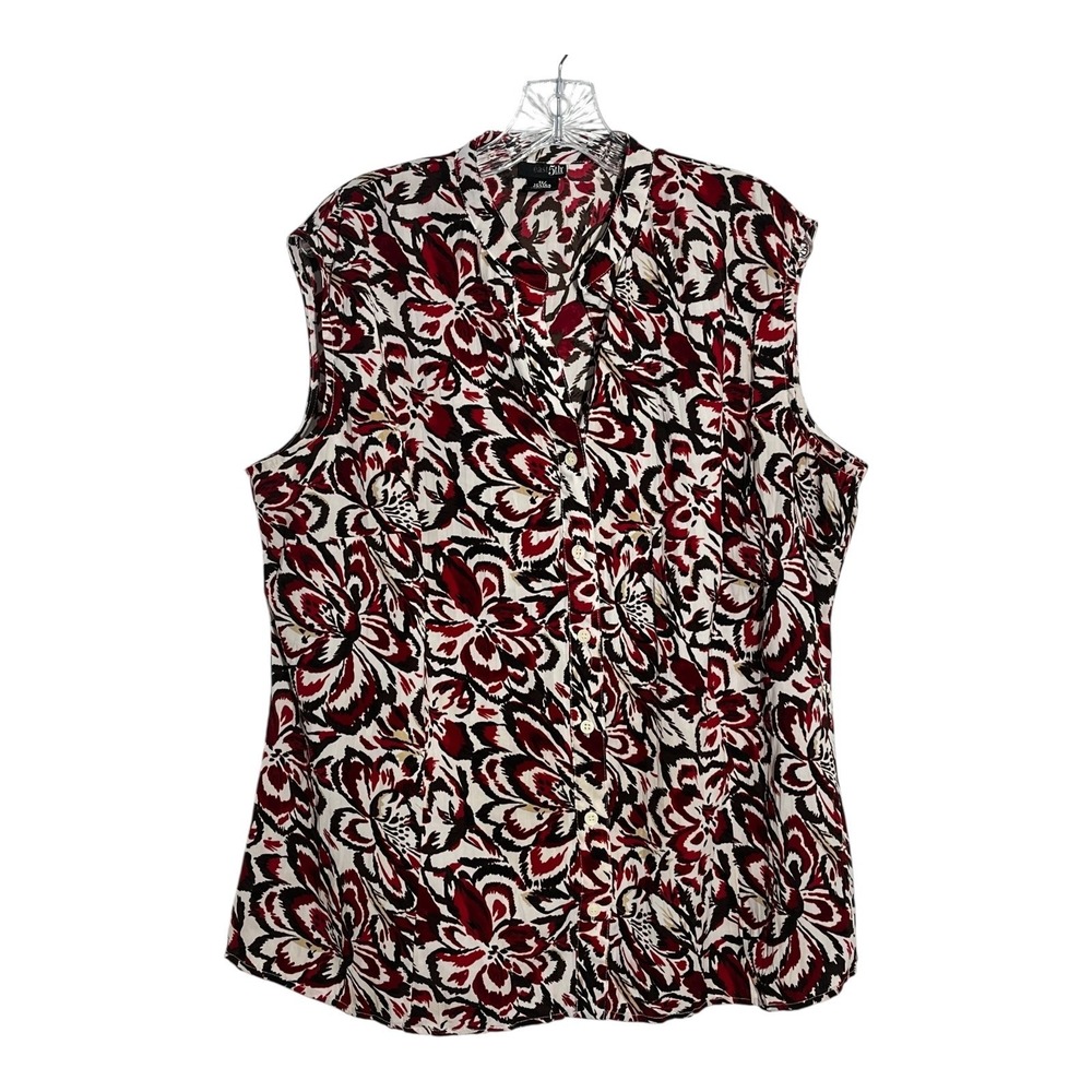 East 5th Woman 1X Floral Sleeveless Blouse Top Red Black‎ White Button Up